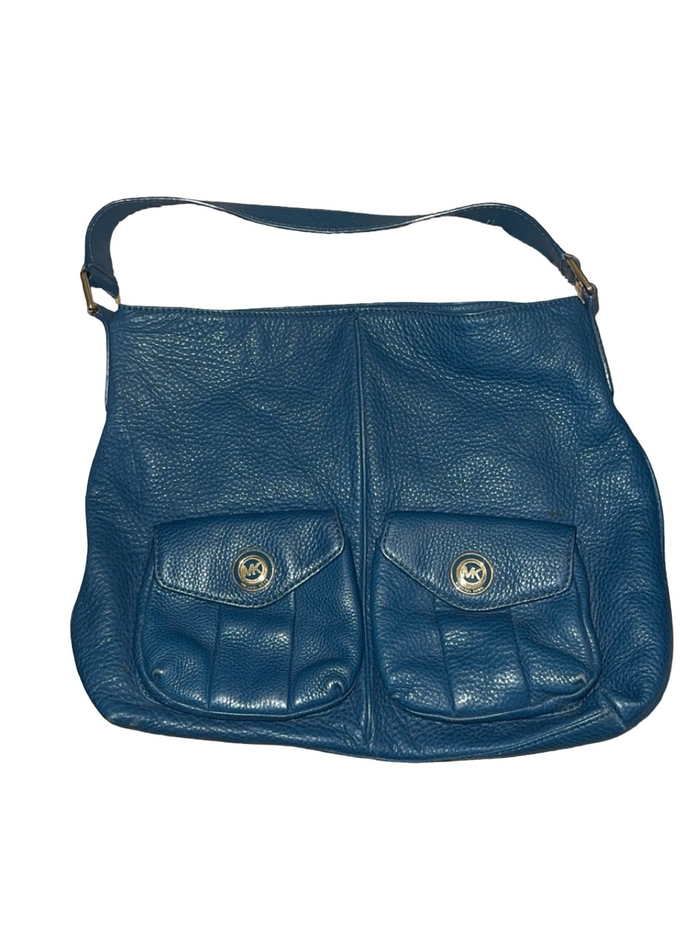 Michael Kors Teal-Blue Pebbled Leather Shoulder Bag with Front Pockets